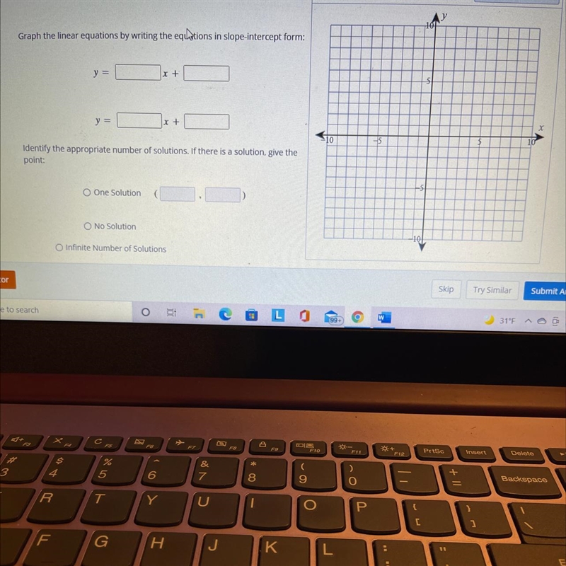 Solve the following system of linear equations by graphing -6x+2y=-12-3x+y=-6-example-1