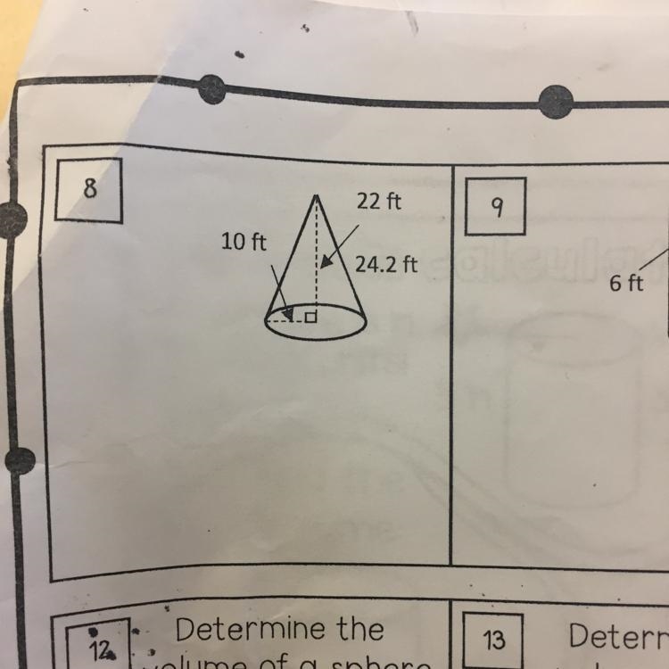 A cone has a radius of 10 ft and a height of 22ft-example-1