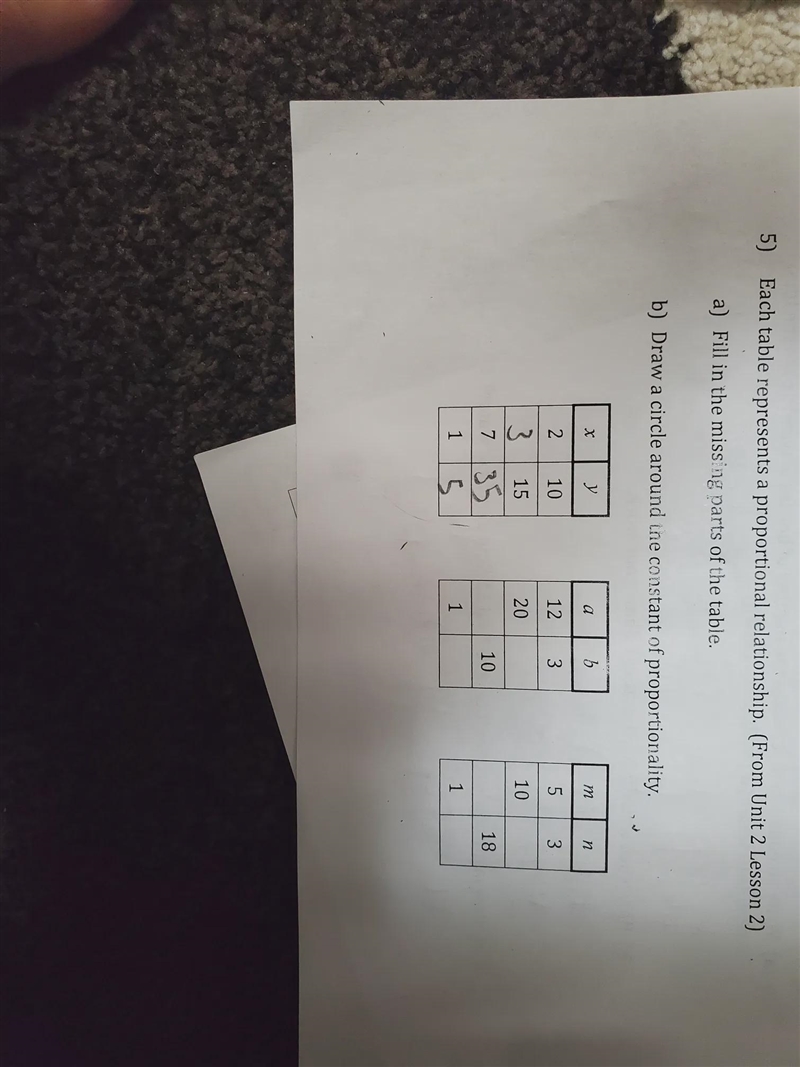 5) Each table represents a proportional relationship. (From Unit 2 Lesson 2) a) Fill-example-1