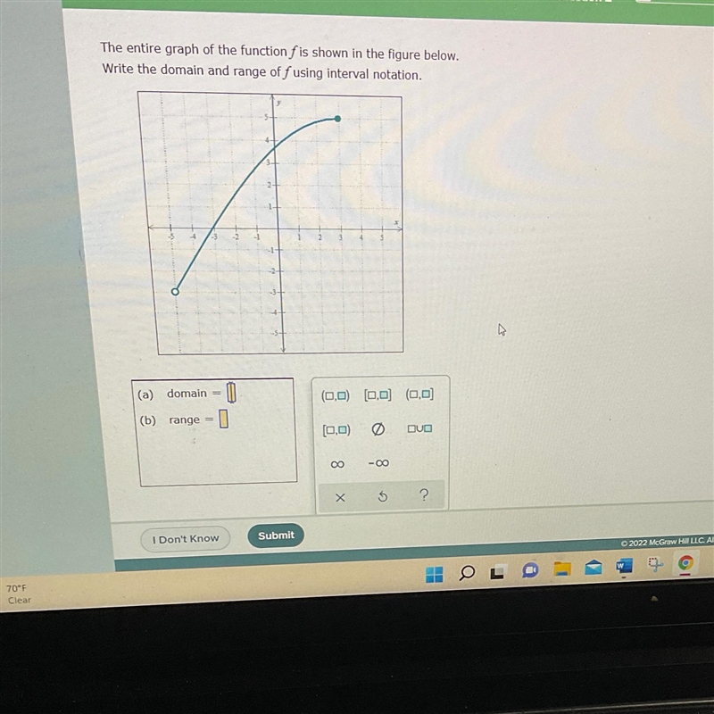 The entire graph of the function f is shown in the figure below.Write the domain and-example-1