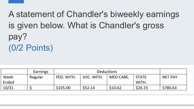 A statement of Chandler's biweekly earnings is given below. What is Chandler's gross-example-1