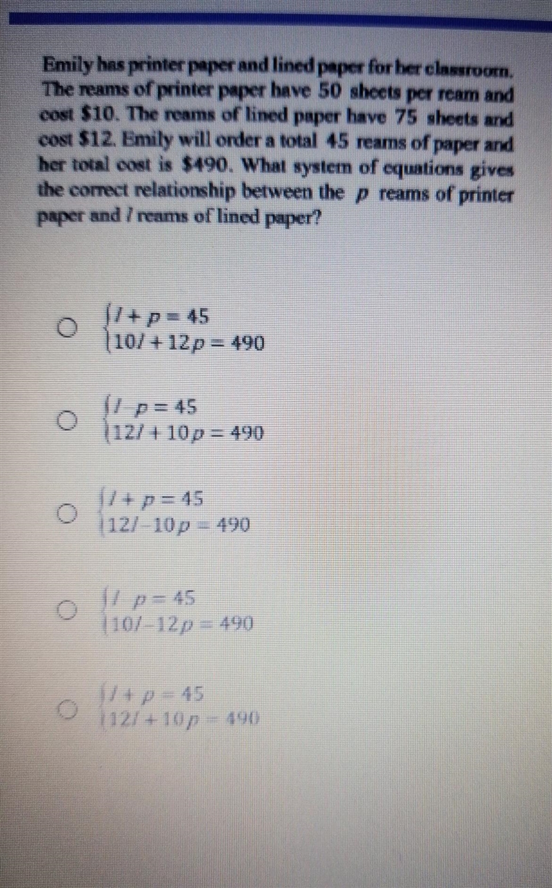 Emily has printer paper and lined paper for her classroom. The rams of printer paper-example-1