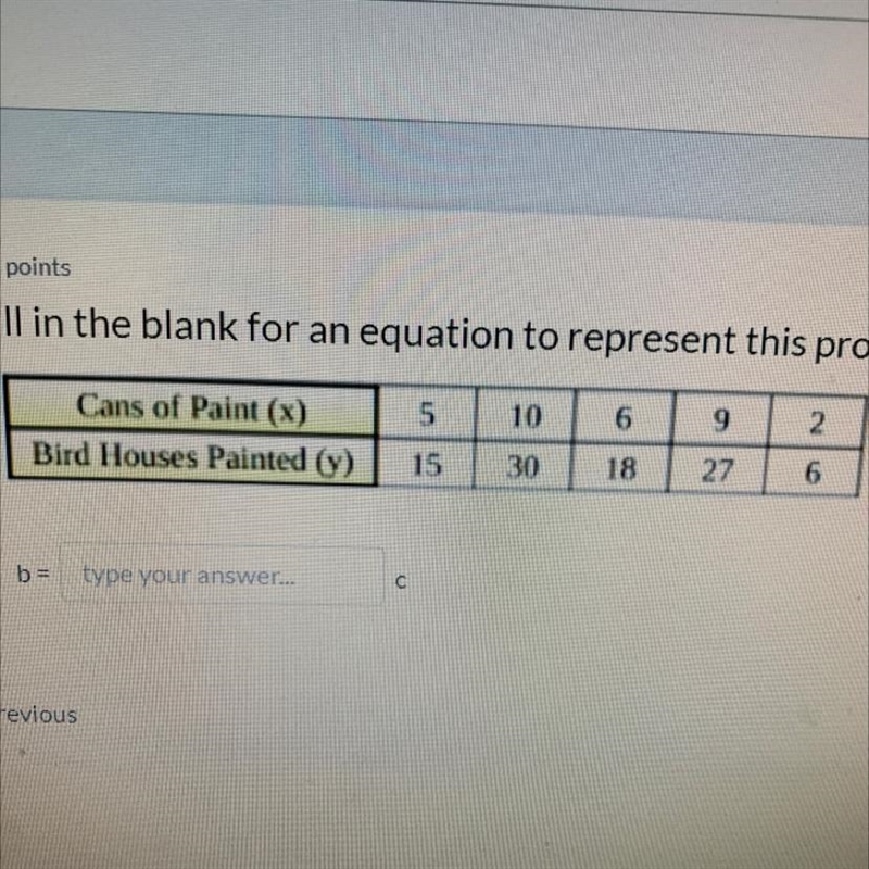 Fill in the blank for an equation to represent this problem. Use c for cans of paint-example-1