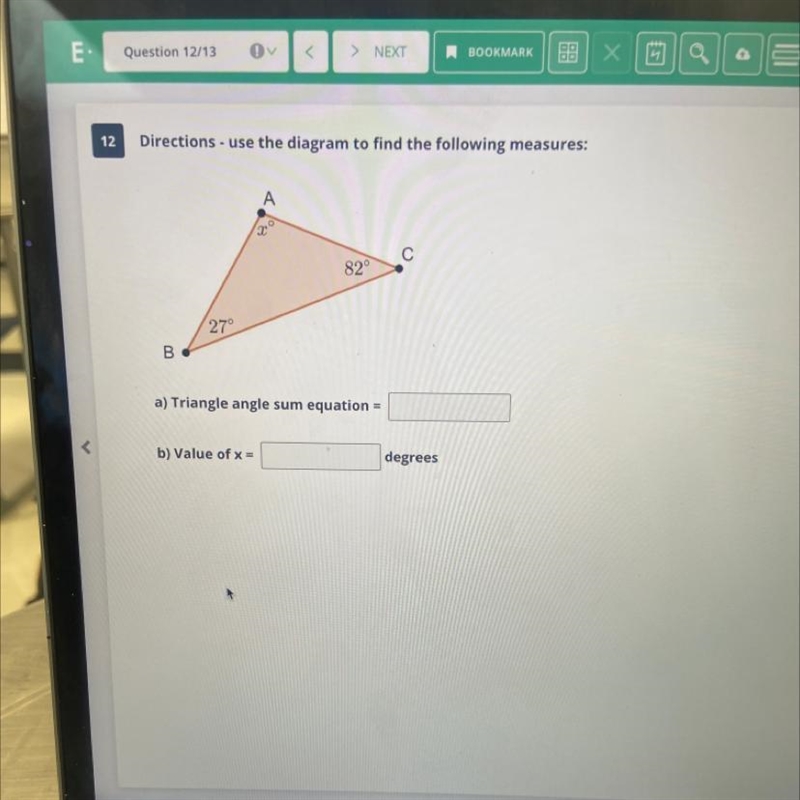 Use the diagram to find the following measures A) triangle angle sum equation B) value-example-1