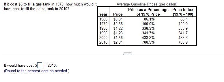 If it cost ​$6 to fill a gas tank in 1970​, how much would it have cost to fill the-example-1