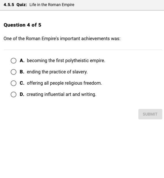 PLEASE ANSWER AS SOON AS POSSIBLE What was one important achievement of the Roman-example-1