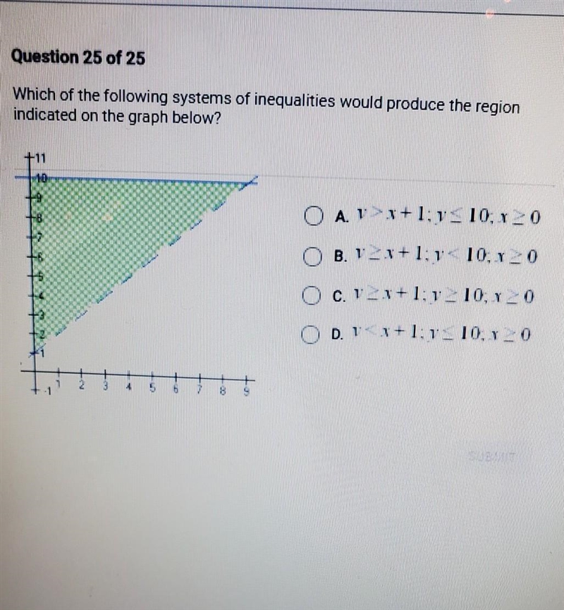 PLEASE HELP!!! Which of the following systems of inequalities would produce the region-example-1