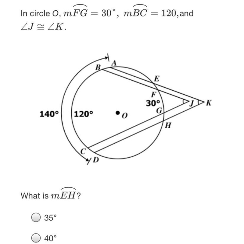 In circle o, mFG = 30°, mBC = 120, and ZJ CZKBEF30°K140°120°HсWhat is mEH?35°40°45°50°-example-1