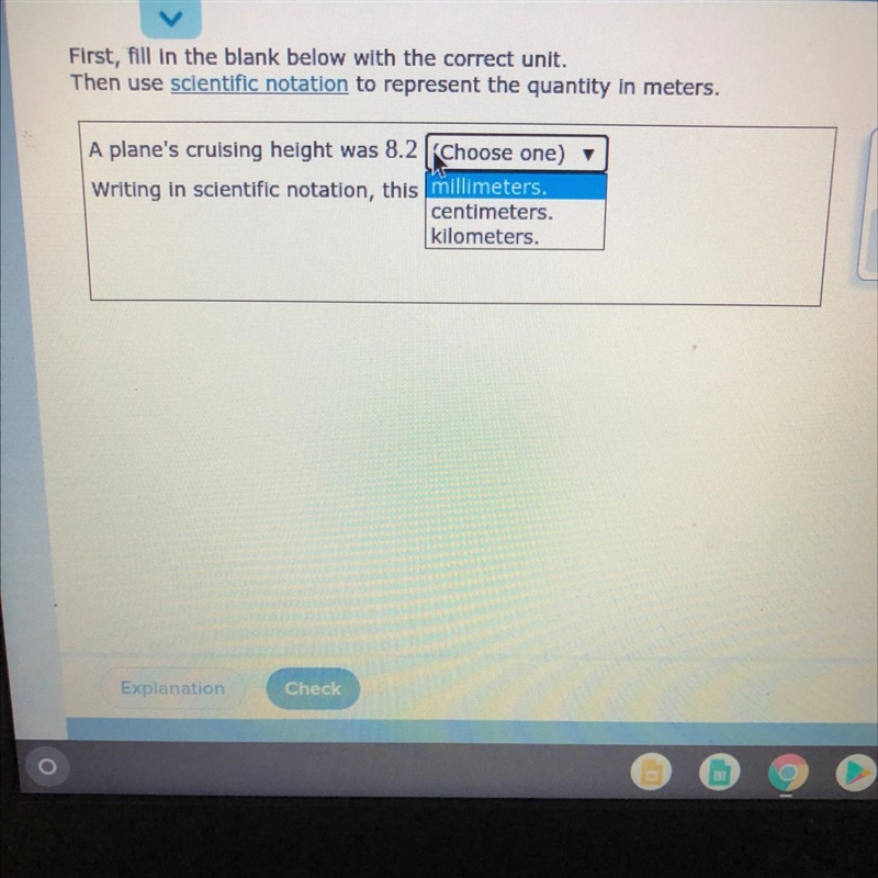 First, fill in the blanks below with the correct unit. Then use scientific notation-example-1