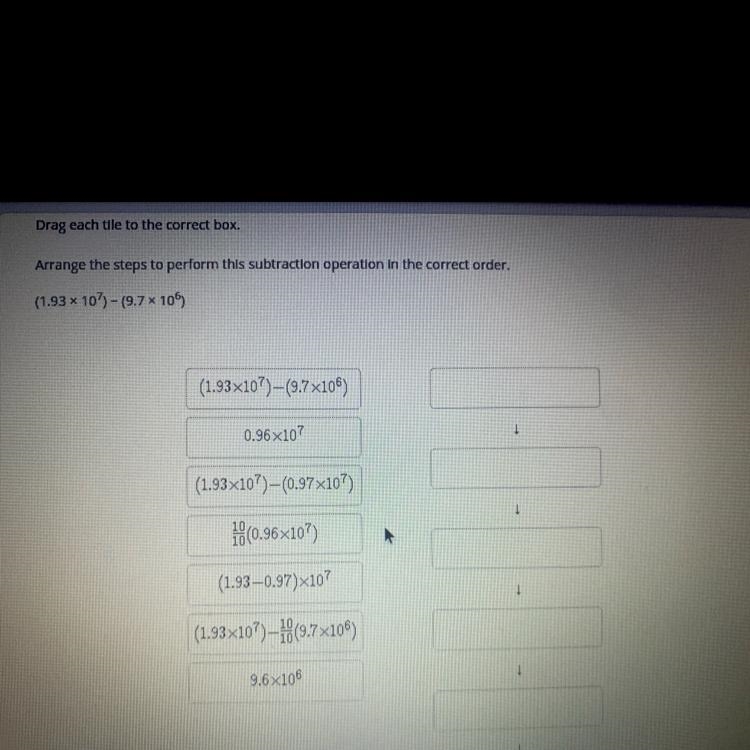 Drag each tile to the correct box.Arrange the steps to perform this subtraction operation-example-1