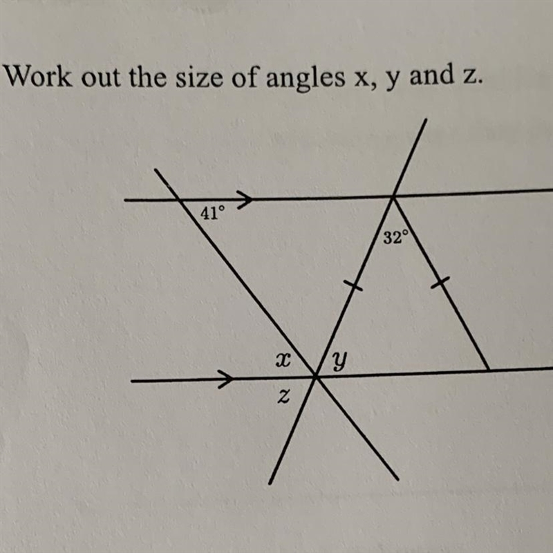 Work out the size of angles x, y and z.-example-1