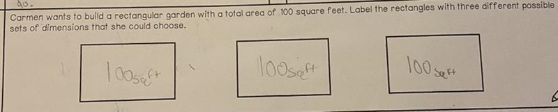 Carmen wants to build a rectangular garden with a total area of 100 square feet. Label-example-1