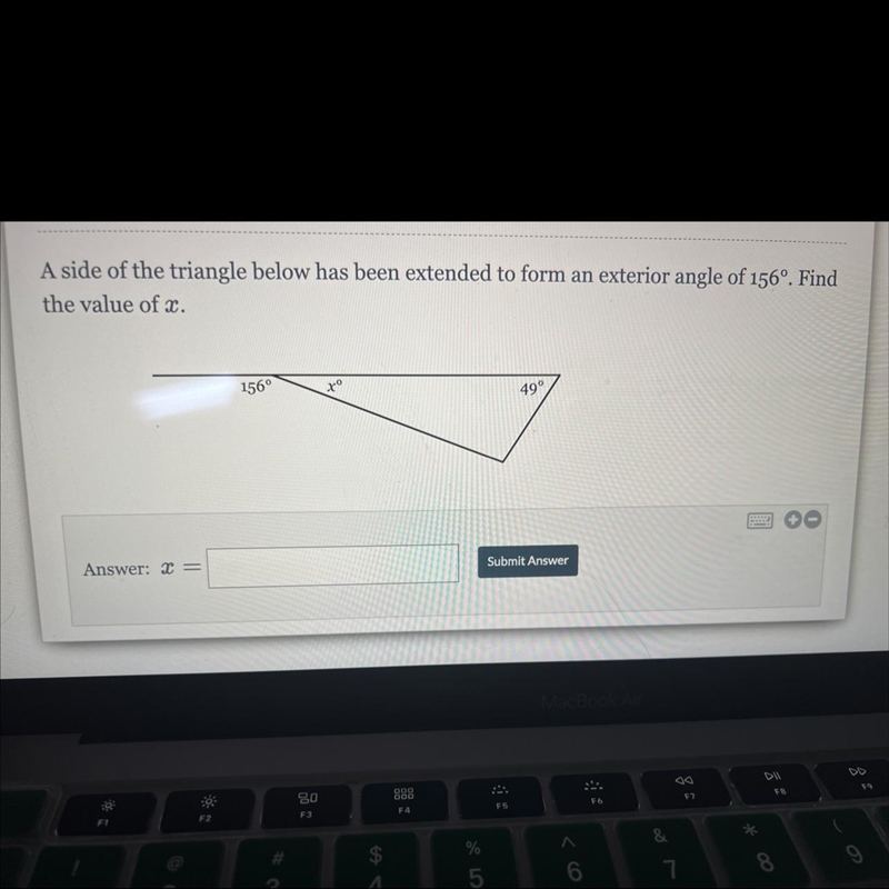 A side of the triangle below has been extended to form an exterior angle of 156º. Find-example-1