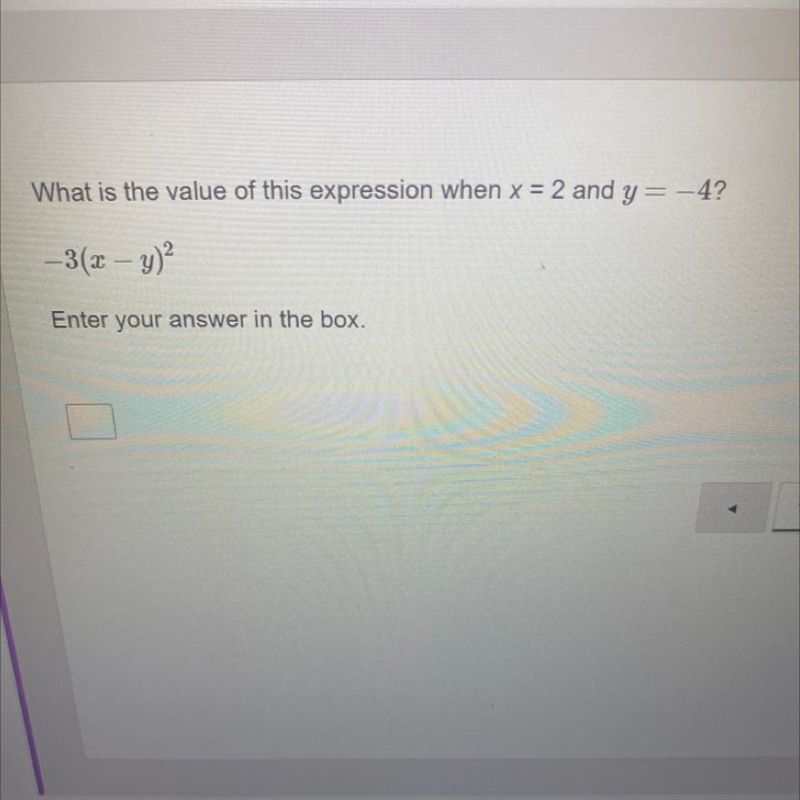 What is the value of this expression when x=2 and y=-4? -3(x-y)2-example-1