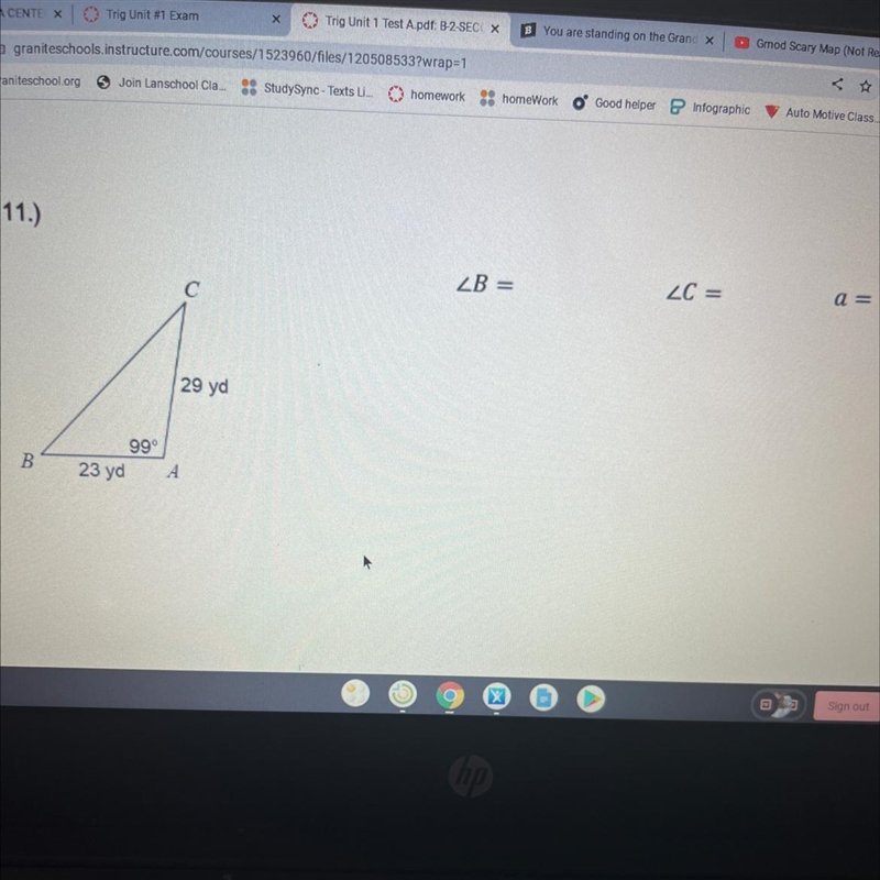 Question: solve ABC below using either the law of sines or law of cosines. Round to-example-1