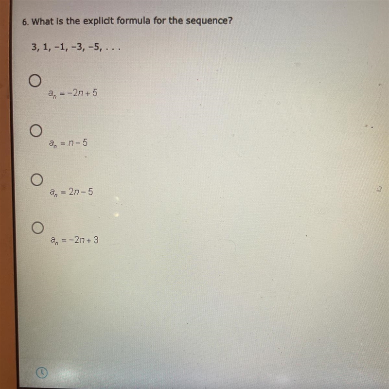 What is the explicit formula for the sequence?3,1,-1, -3, -5,...a,= -2n +5a, = 17-5an-example-1