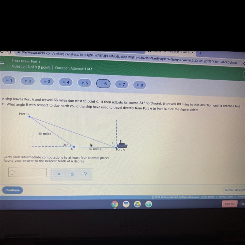 A ship leaves Port A and travels 66 miles due west to point C. If then adjusts to-example-1