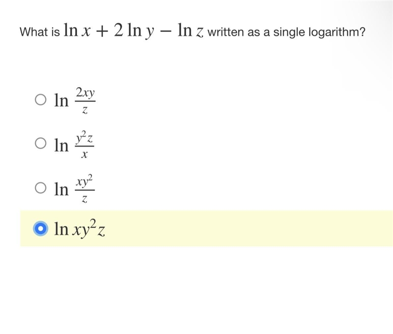 What is ln x+2 ln y−ln z written as a single logarithm?-example-1