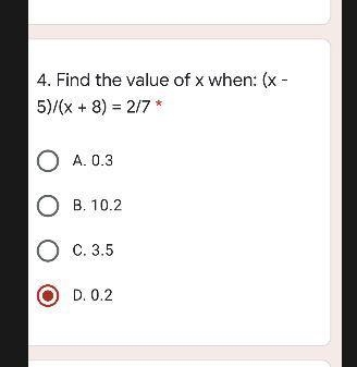 Find the value of x when: (x - 5)/(x + 8) = 2/7 *-example-1