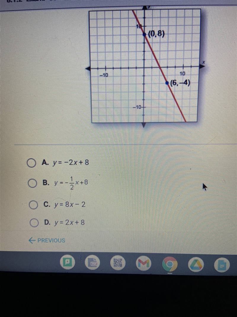 (0,8)-10(6,4)-104A. y=-2x+8B. y =y=-x+8O C. y = 8x-2OD. y = 2x + 8-example-1