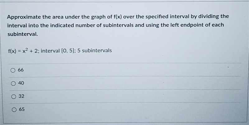 Approximate the area under the graph of f(x) over the specified interval by dividing-example-1