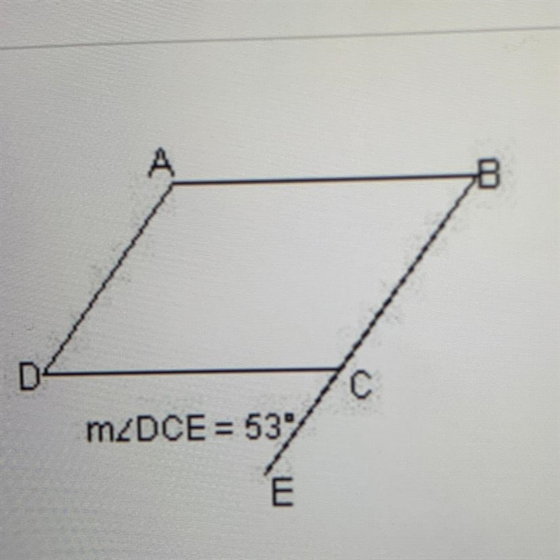 The measure of ABC is _degrees, if the measure of DCE is 53 degrees? A. 53 B. 37 C-example-1