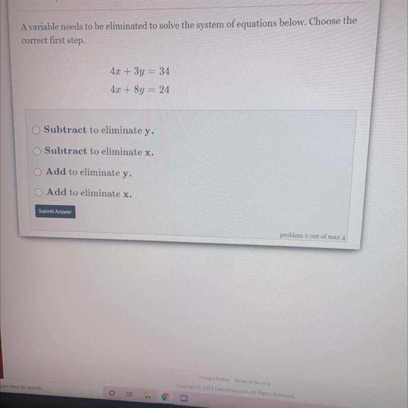 A variable needs to be eliminated to solve the system of equations below. Choose the-example-1