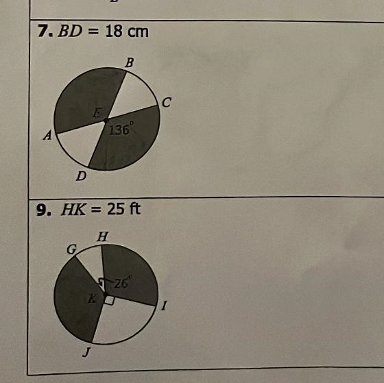 I need help with 9 please find the area of each shaded sector. Round to the hundredth-example-1