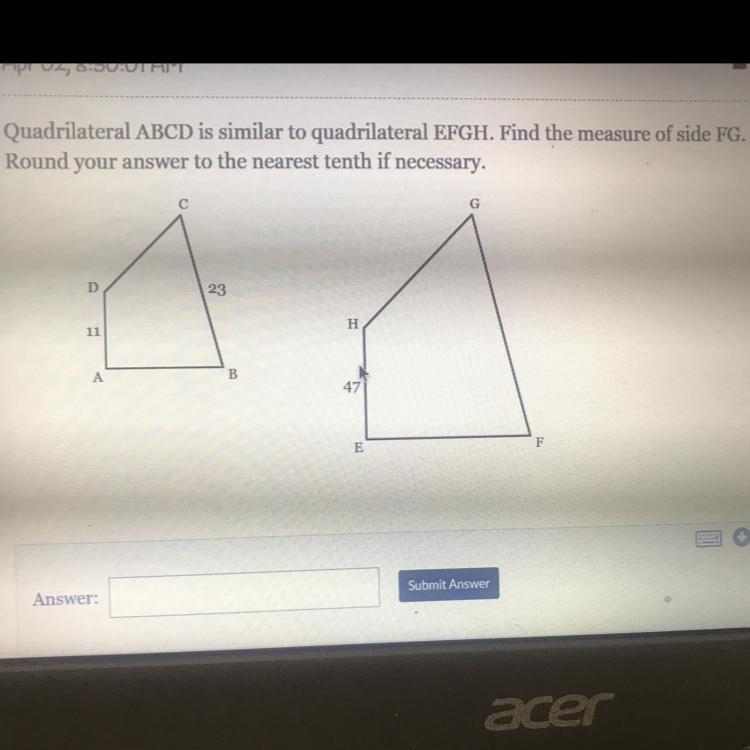 Quadrilateral ABCD is similar to quadrilateral EFGH. Find the measure of side FG. Round-example-1