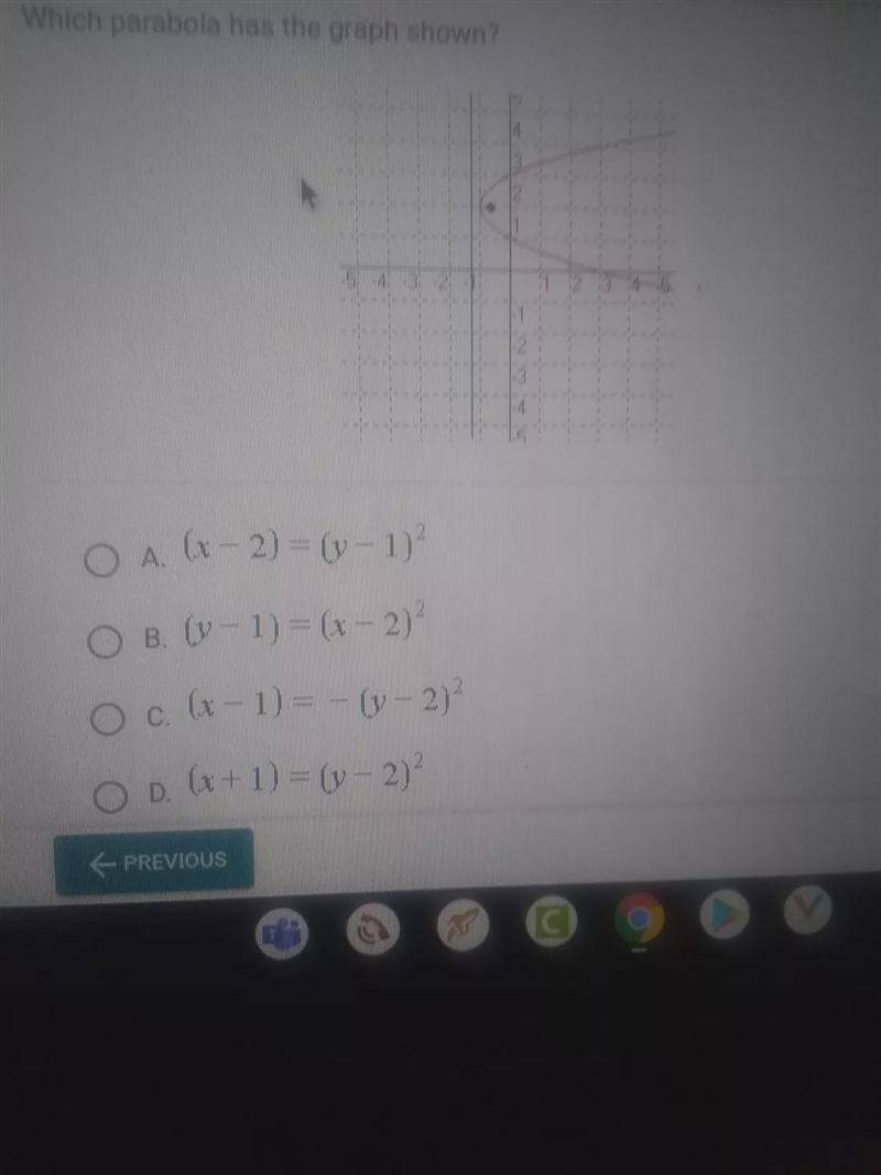 Which parabola has the graph shown? 5 O A. (1-2) = (1-1) O B. (1 - 1) = (x - 2)² O-example-1