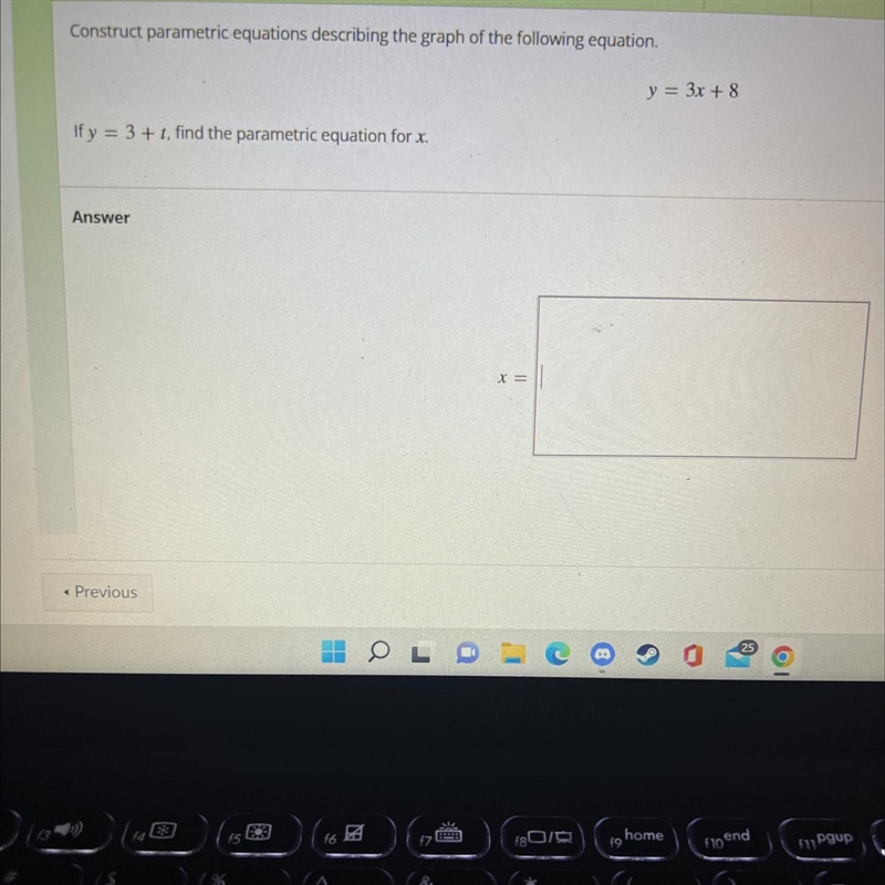 Construct parametric equations describing the graph of the following equation.y = 3x-example-1