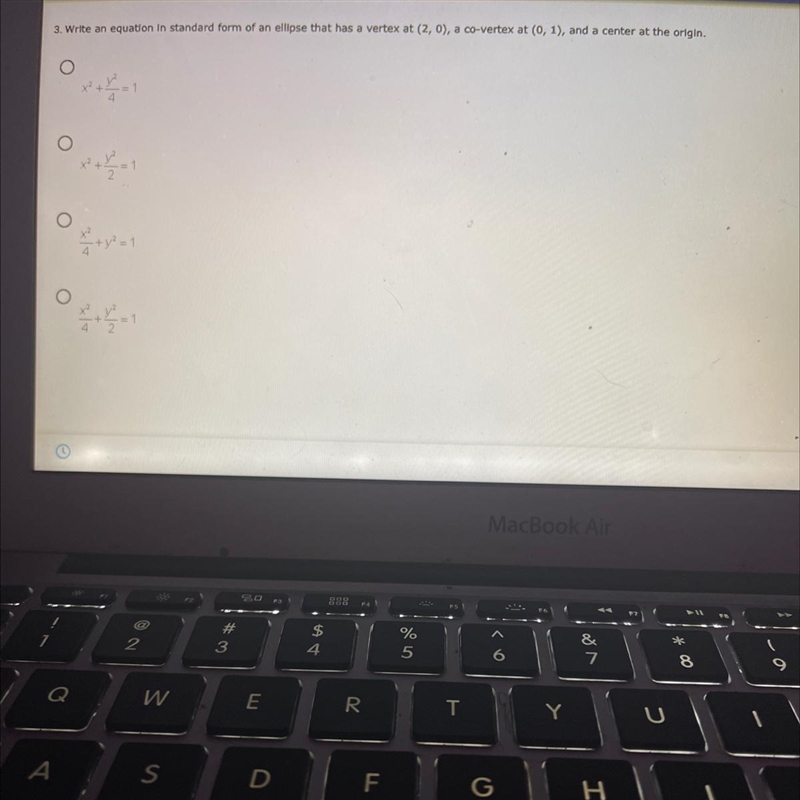 3. Write an equation in standard form of an ellipse that has a vertex at (2,0), a-example-1