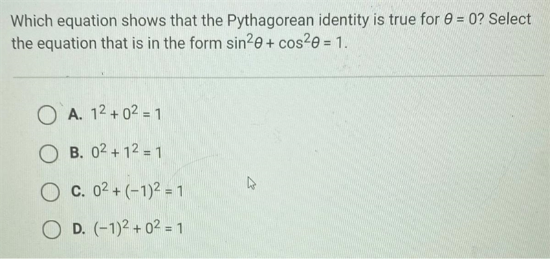 Which equation shows that the Pythagorean identity is true for 0 = 0?-example-1