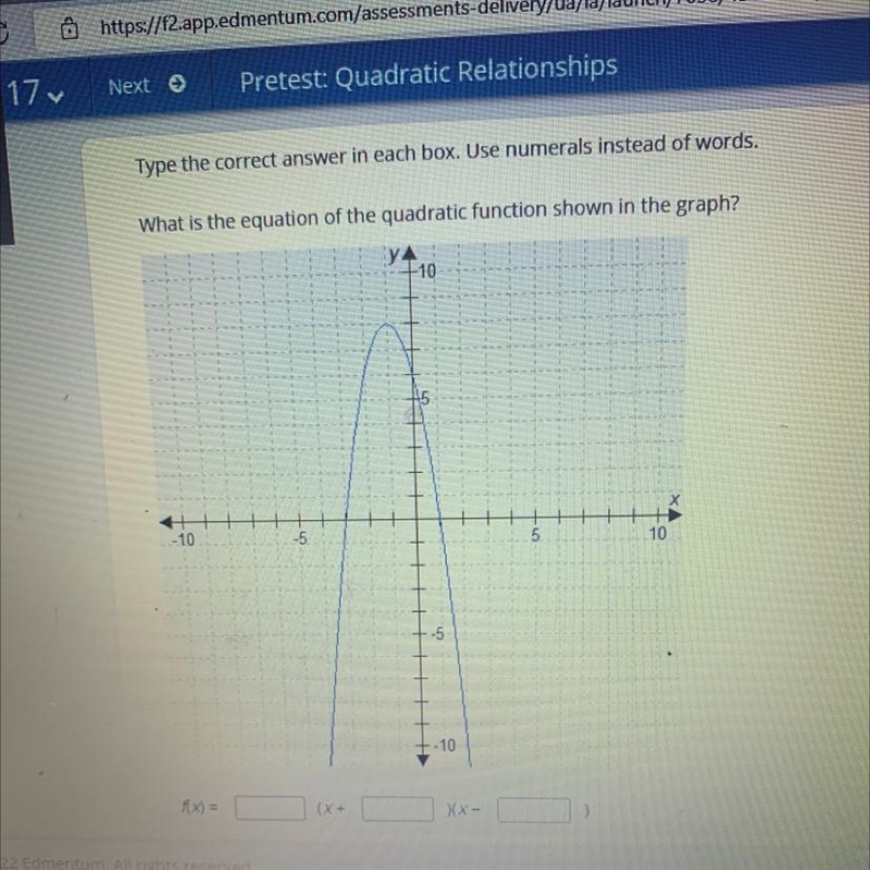 What is the equation of the quadratic function shown in the graph?-example-1