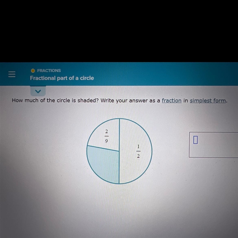 How much of the circle is shaded? Write your answer as a fraction in simplest form-example-1