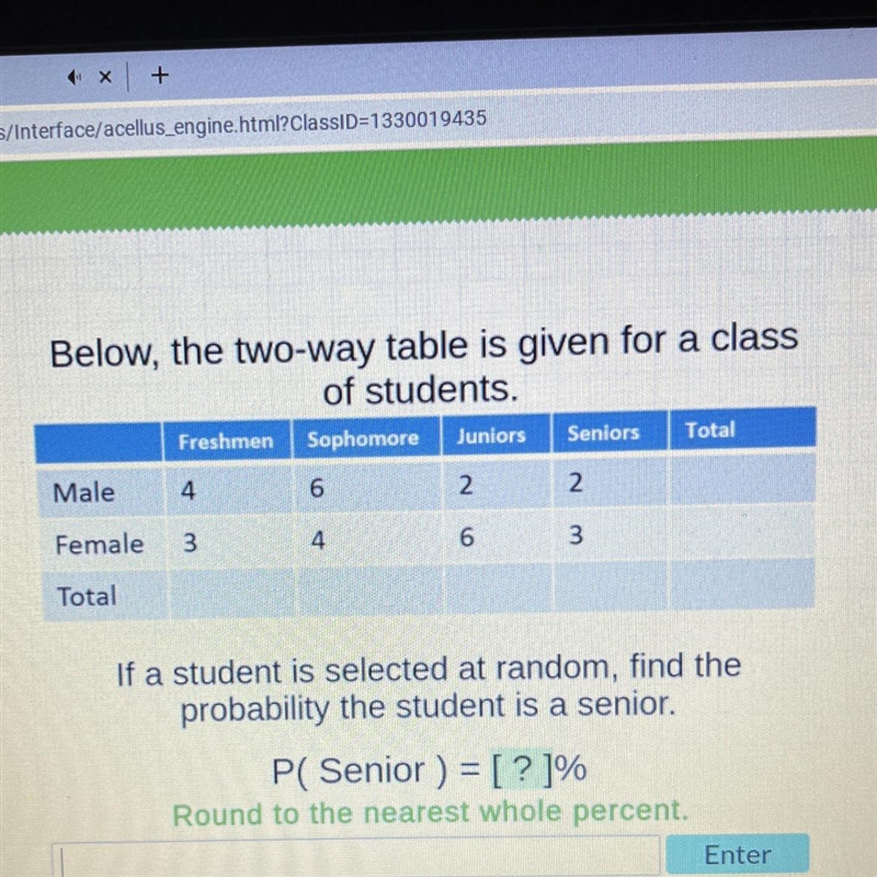 Below, the two-way table is given for a classof students.FreshmenSophomoreJuniorsSeniorsTotalMale-example-1