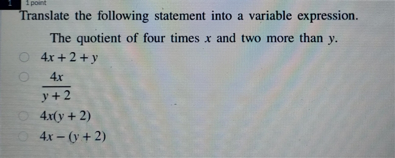 The quotient of 4 times X and 2 more than Y​-example-1