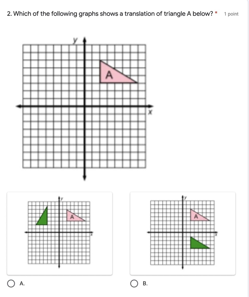 Which of the following graphs shows a translation of triangle A below?A.B.C.D.-example-1