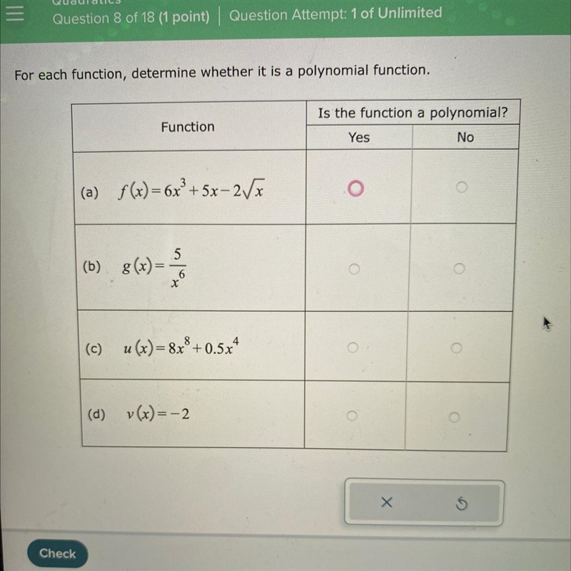 For each function, determine whether it is a polynomial function.Function(a) f(x)=6x-example-1