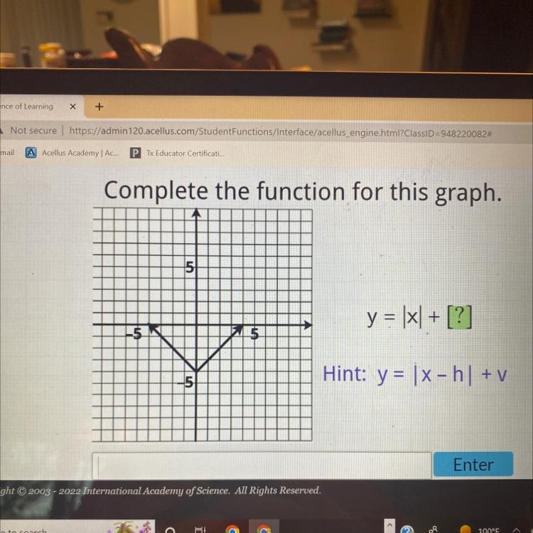 Complete the function for this graph. -5 ertificati... 5 -5 y = |x|+ [?] Hint: y = |x-example-1