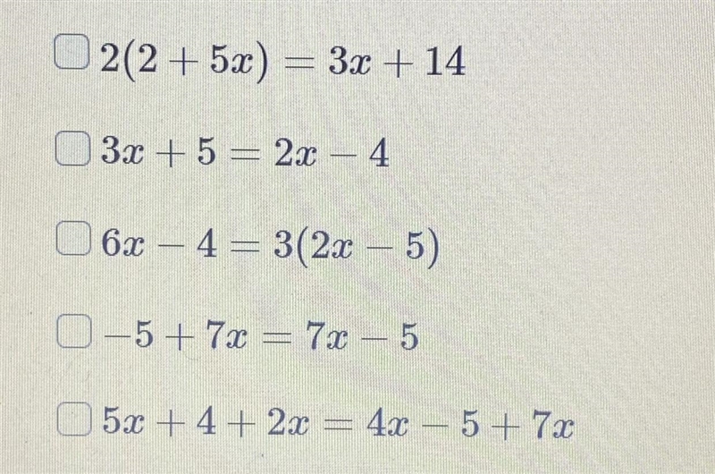 Choose all of the equations that have only 1 solution.-example-1