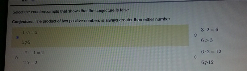 Select the counterexample that shows that the conjecture is false. Conjecture: The-example-1