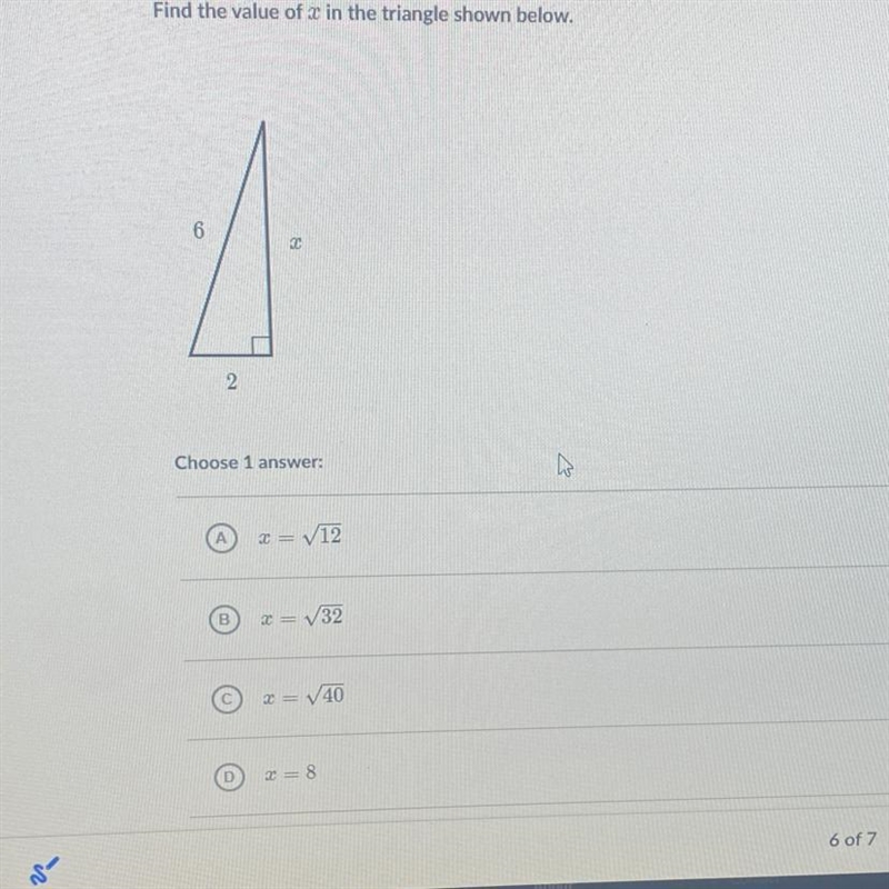 Find the value of x in the triangle shown below 6 2-example-1