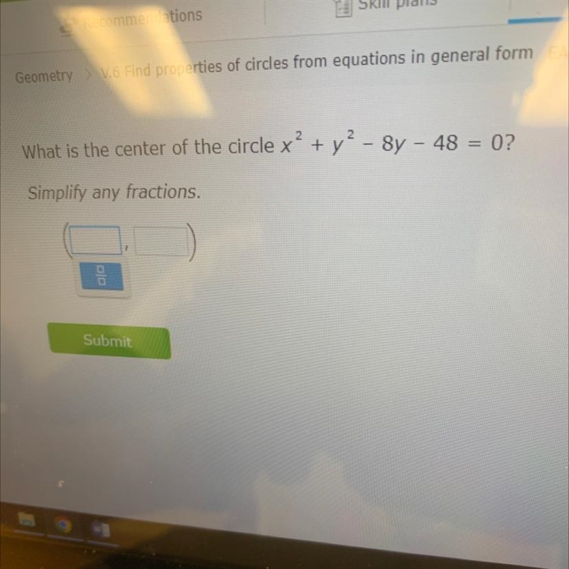 What is the center of the circle simplify any fractions-example-1