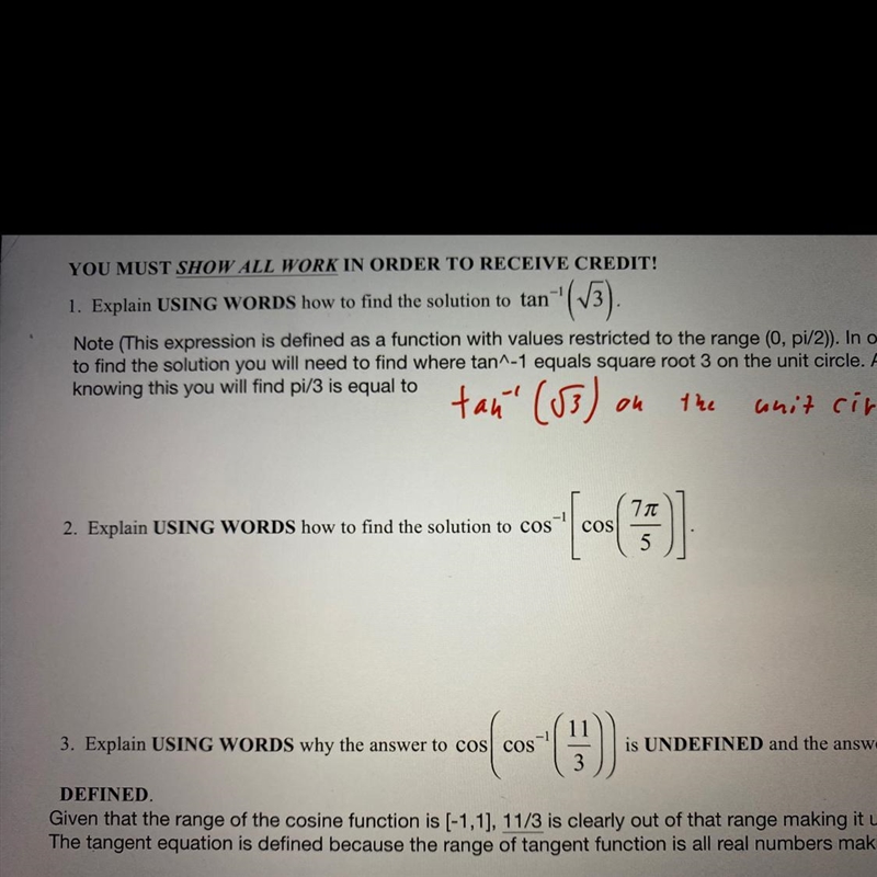 2. Explain USING WORDS how to find the solution to cosCOS7π5-example-1