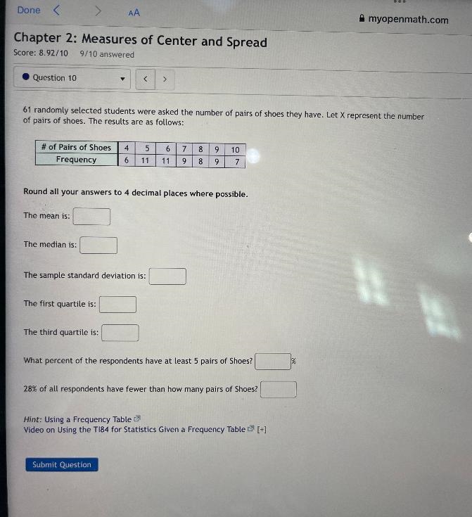 61 randomly selected students were asked the number of pairs of shoes they have. Let-example-1