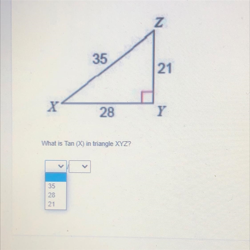 What is the tan (X) in triangle XYZ? /35 3528 2821 21-example-1