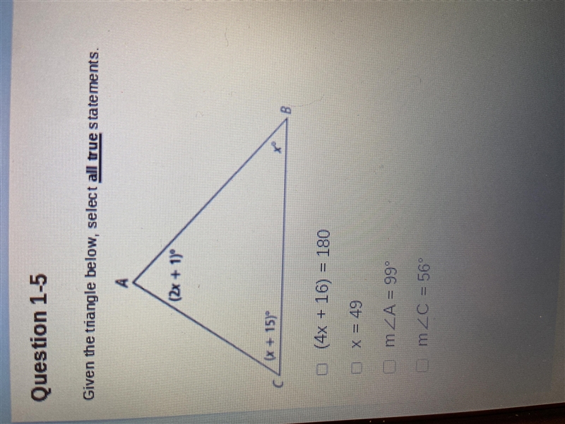 Given the triangle below, select all true statements-example-1