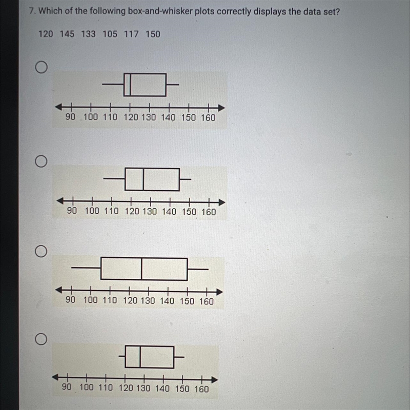 Find the correct whisker plot box that displays the correct data set-example-1