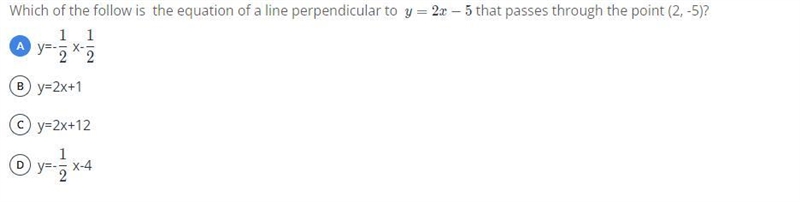 Which of the follow is the equation of a line perpendicular to y=2x-5 that passes-example-1